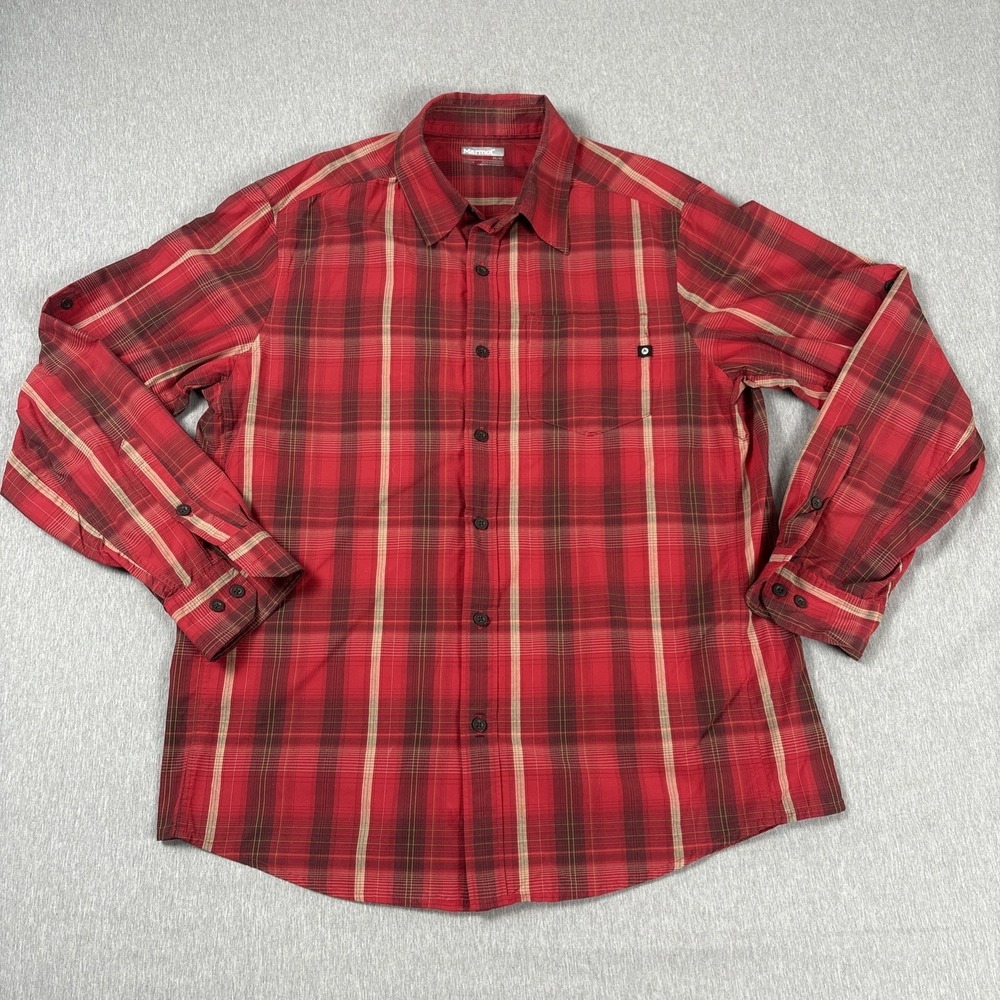 Marmot Red Plaid Button Up Long Sleeve Shirt Pocket Hiking Outdoor - Men's  M